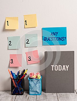 Text sign showing Any Questions Question. Conceptual photo you say write order to ask demonstrating about something.