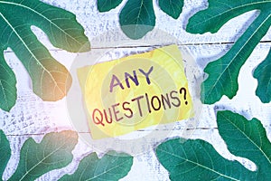 Text sign showing Any Questions Question. Conceptual photo you say write order to ask demonstrating about something