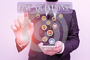 Text sign showing Any Questions Question. Conceptual photo you say write order to ask demonstrating about something.