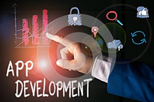 Text sign showing App Development. Conceptual photo the act or process by which a mobile app is developed