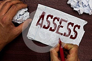 Text sign showing Assess. Conceptual photo evaluate or estimate the nature ability quality of product Service Man