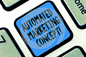 Text sign showing Automated Marketing Concept. Conceptual photo automate repetitive tasks such as emails Keyboard key