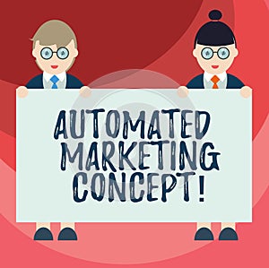 Text sign showing Automated Marketing Concept. Conceptual photo automate repetitive tasks such as emails Male and Female in
