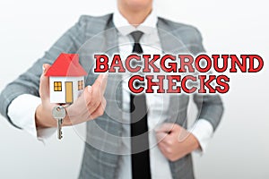Text sign showing Background Checks. Word Written on looking up compiling criminal records for Organization Allocating