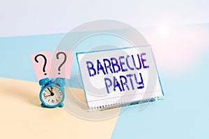 Text sign showing Barbecue Party. Conceptual photo outdoor party where food is cooked on a grill or over a fire Mini size alarm