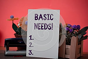 Text sign showing Basic Needs. Conceptual photo measurement of absolute poverty in developing countries Flowers and