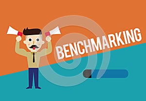 Text sign showing Benchmarking. Conceptual photo Evaluate something by comparison with a standard Strategy