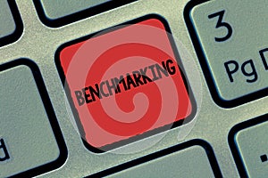 Text sign showing Benchmarking. Conceptual photo Evaluate something by comparison with a standard Strategy