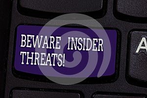 Text sign showing Beware Insider Threats. Conceptual photo Be cautious on malicious attack inside the network Keyboard