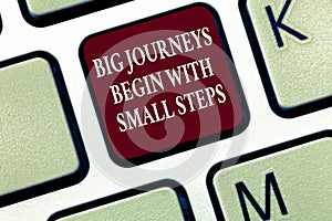 Text sign showing Big Journeys Begin With Small Steps. Conceptual photo Start up a new business venture