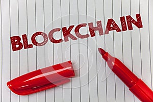 Text sign showing Blockchain. Conceptual photo Register Log Financial Statement Digital Data Technology Record Ideas message noteb