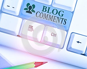 Text sign showing Blog Comments. Conceptual photo Space at the end of each post for a reader to leave a comment photo