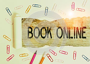 Text sign showing Book Online. Conceptual photo booklike form that is only available to read on the Internet