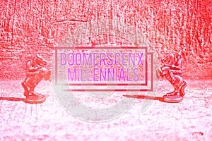 Text sign showing Boomers Gen X Millennials. Conceptual photo generally considered to be about thirty years Two Bronze
