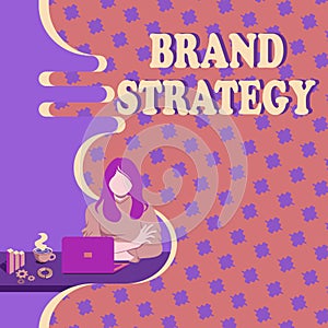 Text sign showing Brand Strategy. Word Written on Long term marketing support for a product Marketing Woman Sitting