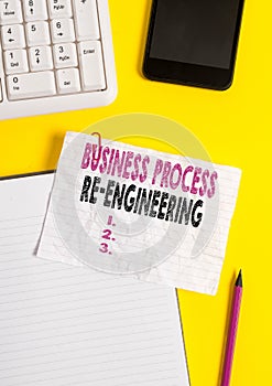 Text sign showing Business Process Re Engineering. Conceptual photo the analysis and design of workflows Crumpled white