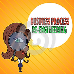 Text sign showing Business Process Re Engineering. Conceptual photo the analysis and design of workflows Woman Looking