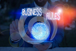 Text sign showing Business Rules. Conceptual photo a specific directive that constrains or defines a business Elements of this