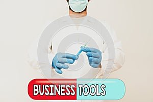 Text sign showing Business Tools. Business overview Marketing Methodologies Processes and Technologies use Researcher