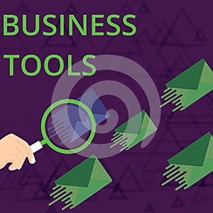 Text sign showing Business Tools. Conceptual photo Marketing Methodologies Processes and Technologies use Magnifying
