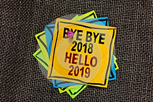 Text sign showing Bye Bye 2018 Hello 2019. Conceptual photo Starting new year Motivational message 2018 is over Black bordered dif