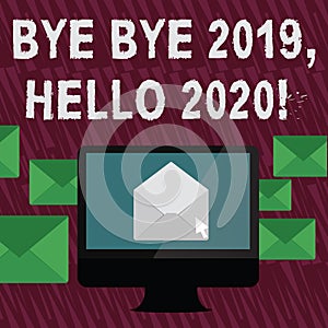 Text sign showing Bye Bye 2019 Hello 2020. Conceptual photo saying goodbye to last year and welcoming another good one