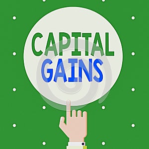 Text sign showing Capital Gains. Conceptual photo Bonds Shares Stocks Profit Income Tax Investment Funds Male Hu analysis Hand