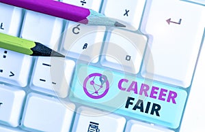 Text sign showing Career Fair. Conceptual photo an event at which job seekers can meet possible employers.