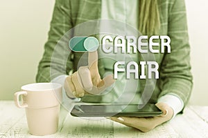 Text sign showing Career Fair. Conceptual photo an event at which job seekers can meet possible employers Business woman
