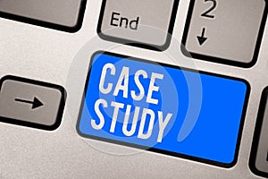 Text sign showing Case Study. Conceptual photo A subject matter to be discussed and related to the topic Keyboard blue key Intenti