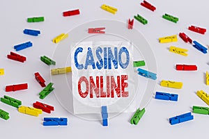 Text sign showing Casino Online. Conceptual photo Computer Poker Game Gamble Royal Bet Lotto High Stakes Colored