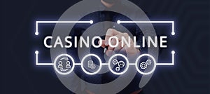 Text sign showing Casino Online. Word Written on Computer Poker Game Gamble Royal Bet Lotto High Stakes