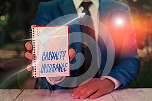 Text sign showing Casualty Insurance. Conceptual photo overage against loss of property or other liabilities photo