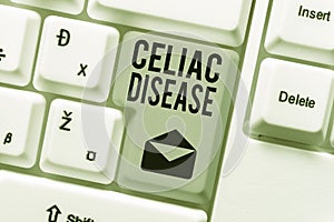 Text sign showing Celiac Disease. Word for autoimmune disorder that primarily affects small intestine Typing Program