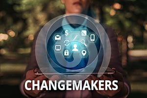 Text sign showing Changemakers. Conceptual photo Young Turk Influencers Acitivists Urbanization Fashion Gen X.