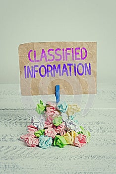 Text sign showing Classified Information. Conceptual photo Sensitive Data Top Secret Unauthorized Disclosure Reminder pile colored