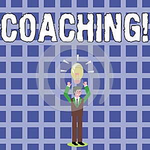 Text sign showing Coaching. Conceptual photo Prepare Enlightened Cultivate Sharpening Encourage Strenghten Businessman