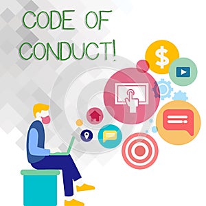 Text sign showing Code Of Conduct. Conceptual photo Follow principles and standards for business integrity Man Sitting