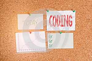 Text sign showing Coding. Conceptual photo assigning code to something for classification identification Corkboard color size