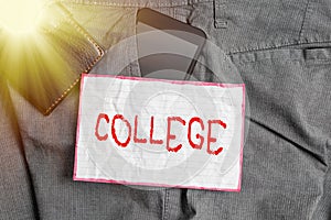 Text sign showing College. Conceptual photo educational institution or establishment providing higher education Smartphone device