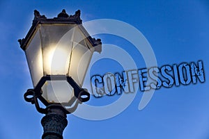 Text sign showing Confession. Conceptual photo Admission Revelation Disclosure Divulgence Utterance Assertion Light post blue sky photo