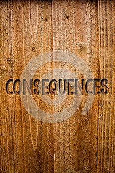 Text sign showing Consequences. Conceptual photo Result Outcome Output Upshot Difficulty Ramification Conclusion Ideas messages wo