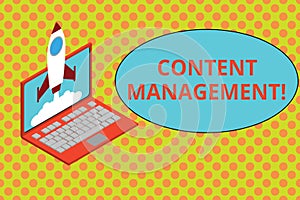 Text sign showing Content Management. Conceptual photo Process that collects analysisage and publish information Rocket photo