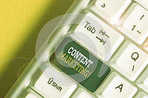 Text sign showing Content Marketing. Conceptual photo involves creation and sharing of online material White pc keyboard