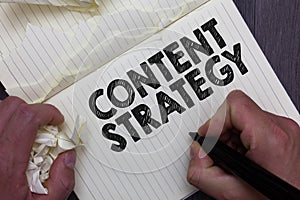 Text sign showing Content Strategy. Conceptual photo create marketing plan using good photos and words Man holding marker notebook