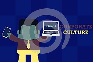 Text sign showing Corporate Culture. Conceptual photo pervasive values and attitudes that characterize a company Standing