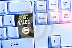 Text sign showing Cost Value. Conceptual photo The amount that usualy paid for a item you buy or hiring a demonstrating White pc