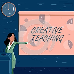 Text sign showing Creative Teaching. Business concept making something fine out of learning situations Lady Drawing