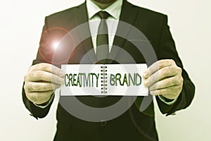 Text sign showing Creativity Brand. Word for design name or feature that distinguishes organization Presenting New Plans