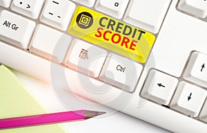 Text sign showing Credit Score. Conceptual photo creditworthiness of an individual based on credit files White pc